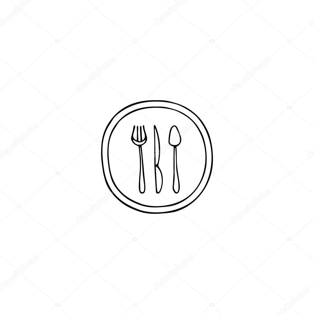 Vector hand drawn object, plate and cutlery silhouettes. Logo element, isolated clipart. For restaurant, catering, wedding related business branding and identity. Black on white monoline symbol.
