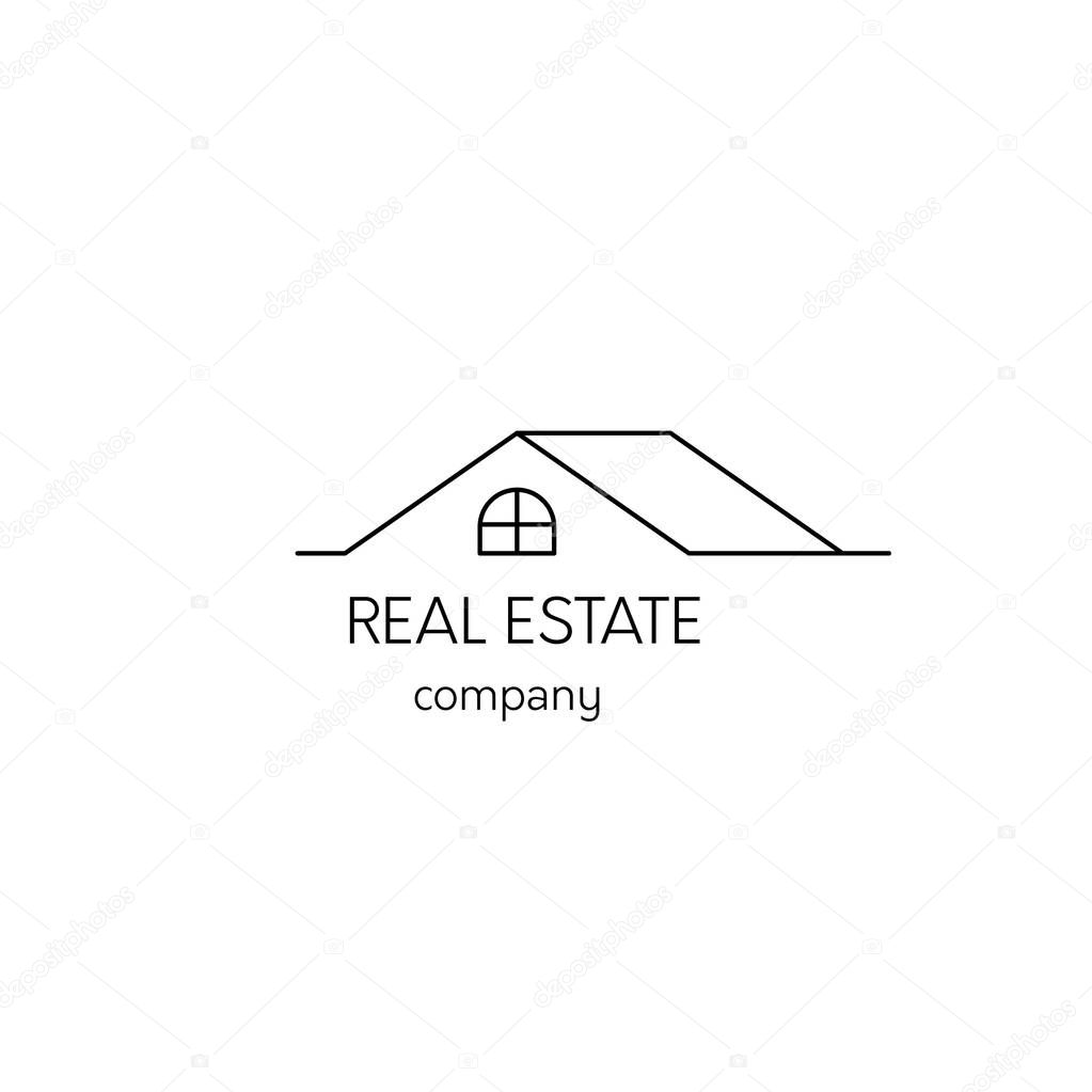 Vector thin line icon, construction logo template illustration. House silhouette. For building company, real estate agency. Black on white isolated symbol. Simple mono linear modern design.