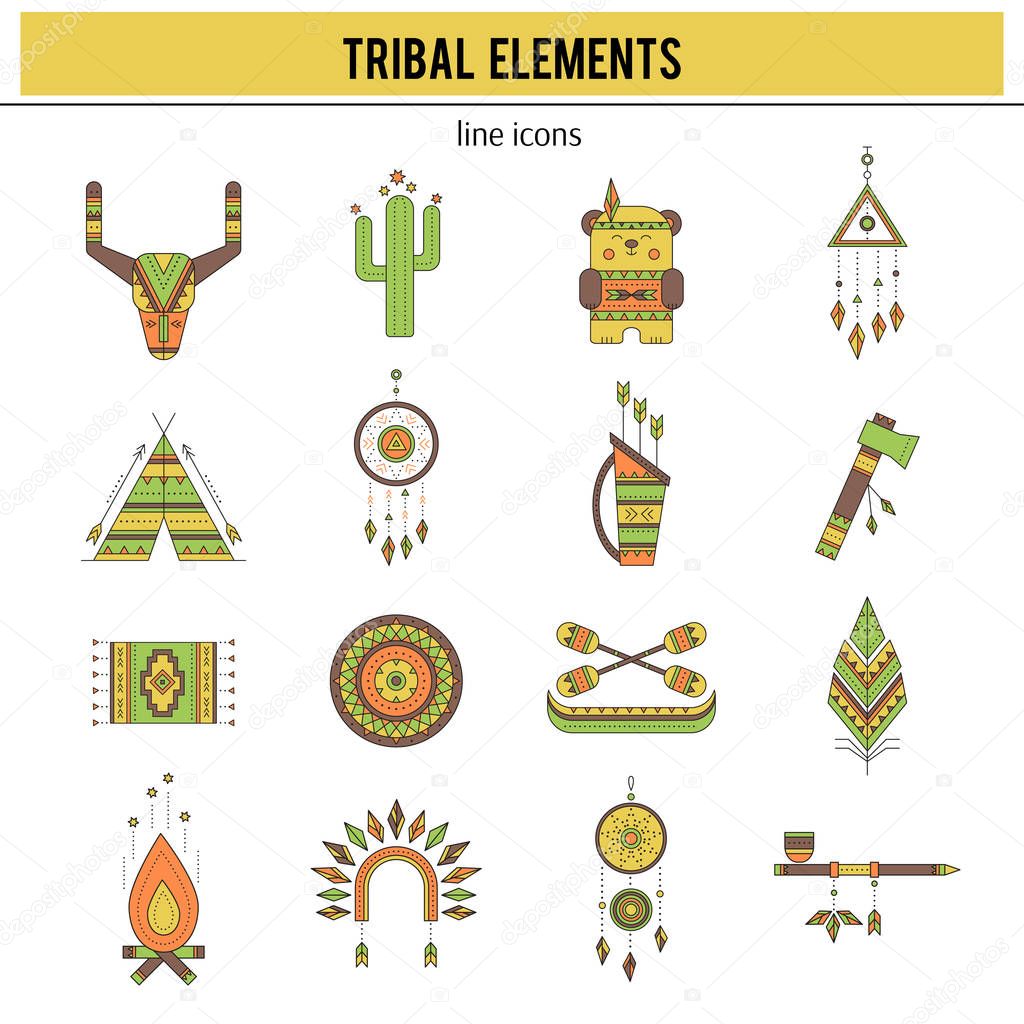 Tribal thin line icons set, vector illustration. Boho elements, bohemian style, ethnic american symbols. Colored isolated illustrations. Simple mono linear modern design.