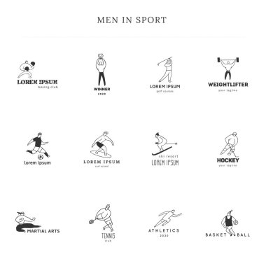 Vektör el çizilmiş logo şablonları kümesi. Farklı sporlardaki erkekler. Aktif yaşam biçimi.