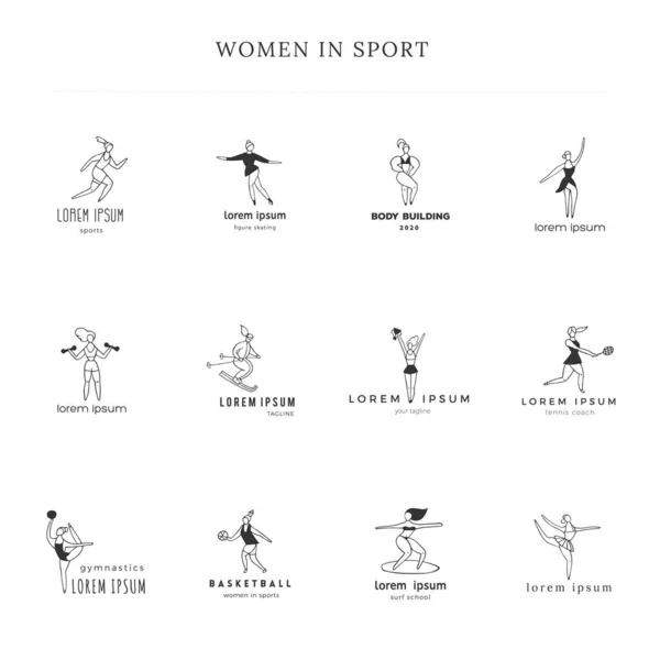 異なるスポーツの女性。積極的な生き方だ手書きベクトルロゴテンプレートのセット. — ストックベクタ