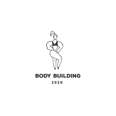 Spor, aktif yaşam tarzı. Spor salonunda. Vector el çizimi logo şablonu, vücut geliştiren bir kadın..