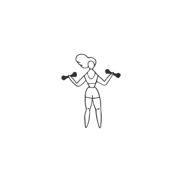 Vector hand drawn icon, a woman with dumbbells. In the gym. Sports, active way of life. — Stock Vector