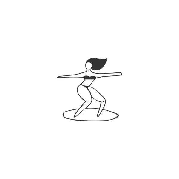 Summer leisure, active way of life. Vector hand drawn icon, a woman surfer. — 图库矢量图片