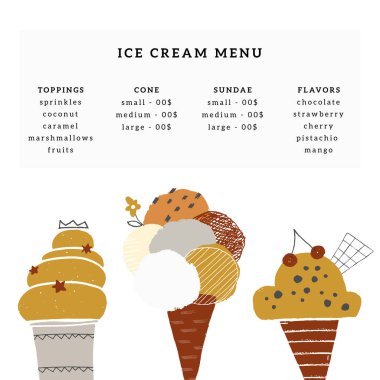 Elle çizilmiş dondurmalı kafe veya dükkan için vektör menü şablonu.