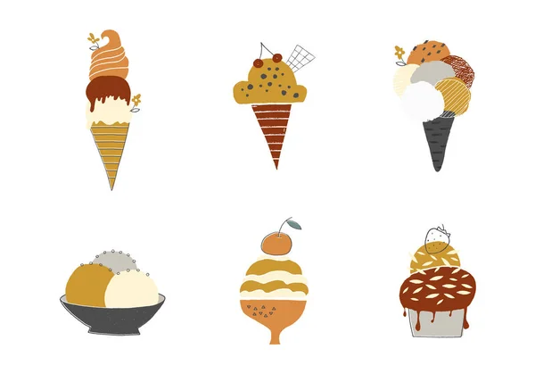Вкусное мороженое в вафельных рожках и чашках. Векторный набор изолированных иллюстраций . — стоковый вектор