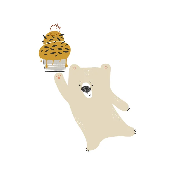 Ilustración dibujada a mano vectorial, objeto aislado. Lindo oso polar con helado . — Archivo Imágenes Vectoriales