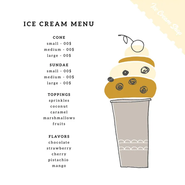 Simple vector menu template for cafe or shop with hand drawn ice-cream. — Stock Vector