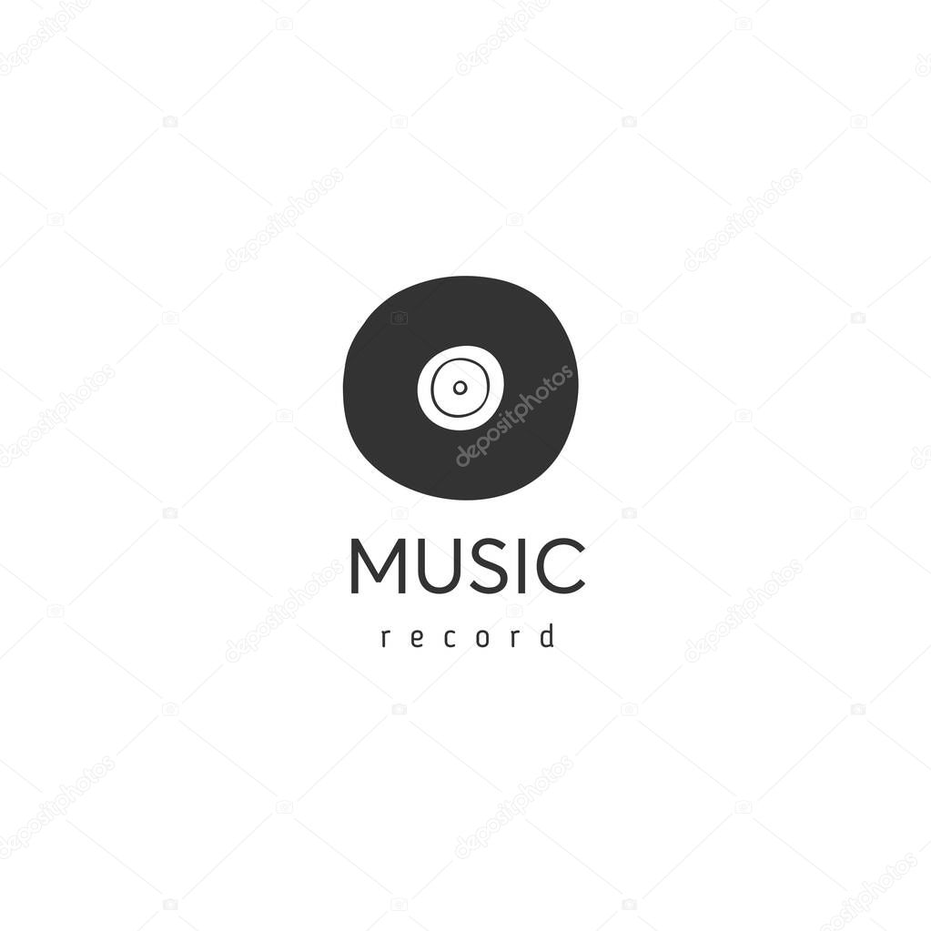Music logo template with vector hand drawn vinyl icon.