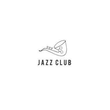 Metinli, logo şablonlu izole müzik simgesi. Vektör eli çizilmiş saksafon.