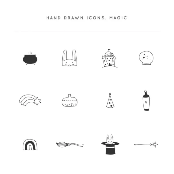 Elementi del logo vettoriale. Set di icone disegnate a mano. Tema Magia e fiabe . — Vettoriale Stock