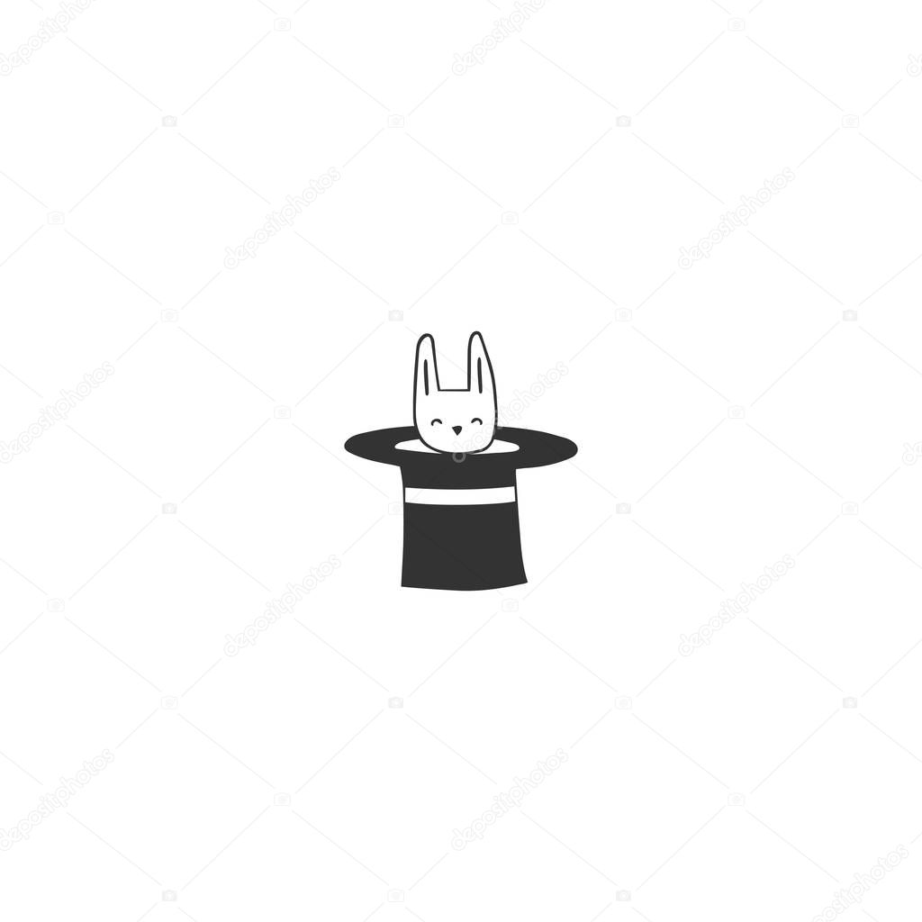 Hand drawn isolated icon. Rabbit in a hat, vector logo element. Magic and fairy tales. For business identity and branding, for magic performances, magicians and illusionists. For souvenir shops.