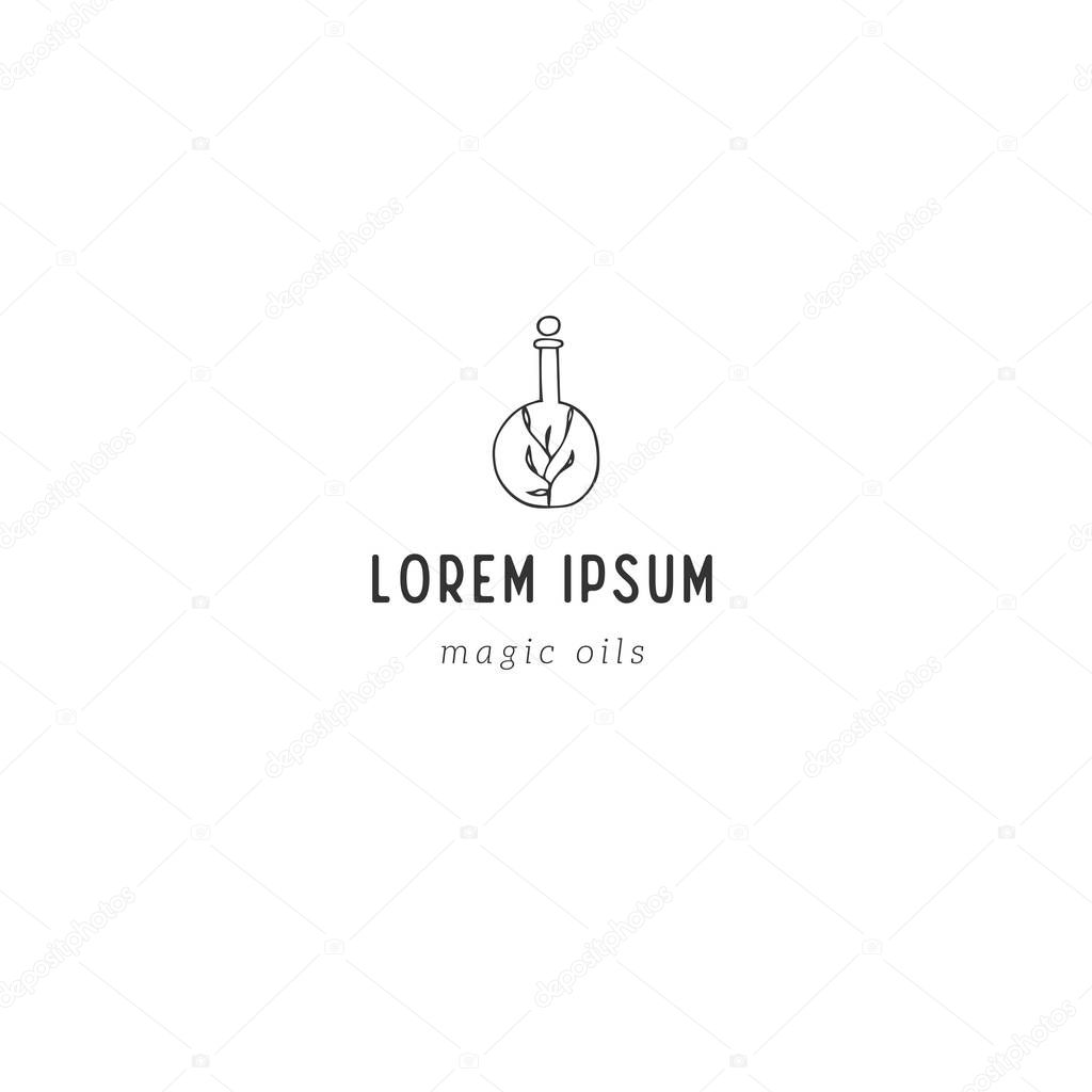Hand drawn vector logo template with magic herb potion. For apothecaries and souvenir shops. For magic performances, magicians and illusionists. For business identity and branding.