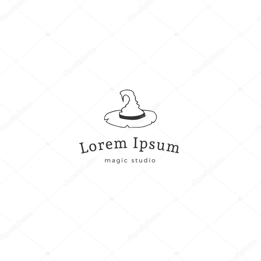 Hand drawn logo template with vector illustration. Magic element, a witch hat. For magic performances, magicians and illusionists. Business identity and branding.
