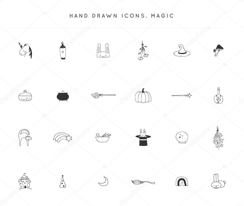 Set of hand drawn icons. Vector logo elements. Magic and fairy tales.