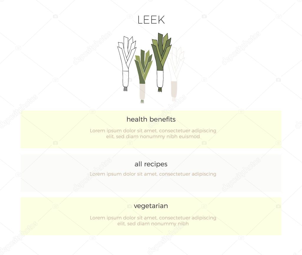 A template with hand drawn vegetables. Vector leek illustration. Healthy nutrition recipes.