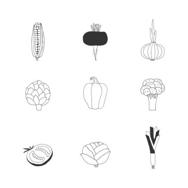 Vektör el çizim simgeleri. Sağlıklı beslenme. Sebzeler.