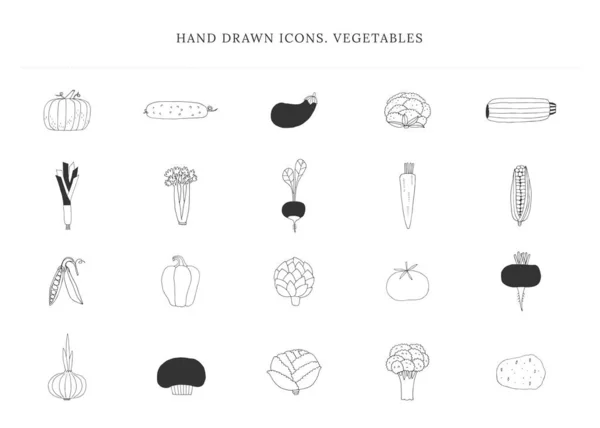 Zestaw wektorowych ręcznie rysowane ikony, warzywa. Zdrowe odżywianie. Przedmioty izolowane. — Wektor stockowy