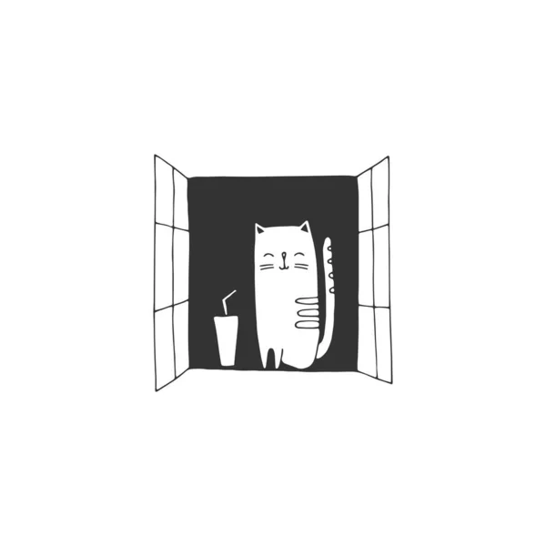 Illustrazione semplice schizzo vettoriale. Un gatto si siede su un davanzale della finestra. Pace e tranquillità concetto . — Vettoriale Stock