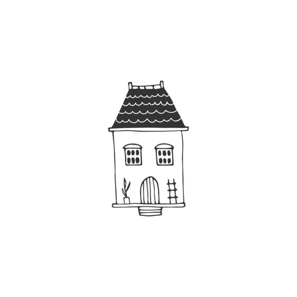 Şirin küçük bir ev. Vektör çizimi siyah beyaz illüstrasyon. — Stok Vektör