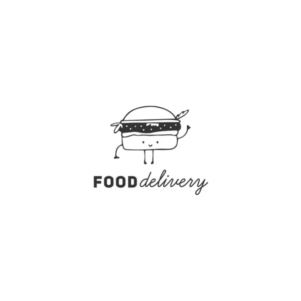 Modèle de logo de service de livraison de café Fast Food avec icône de hamburger vectoriel dessinée à la main, personnage mignon . — Image vectorielle