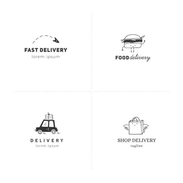 Fast delivery, express mail elements. Set of vector hand drawn logo templates. — Stock Vector