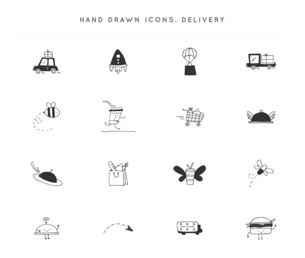 Set di icone vettoriali disegnate a mano. Consegna veloce, elementi del logo della posta espressa . — Vettoriale Stock