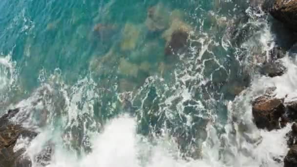 Las olas se estrellan en las rocas de la orilla — Vídeos de Stock
