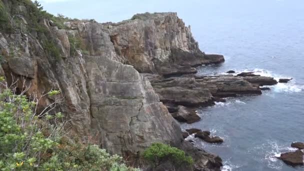 Крупный план камней. Морские волны, разбивающиеся о скалы — стоковое видео