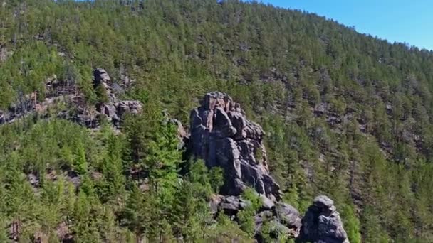 Природные скалы на склоне горы, покрытые растительностью — стоковое видео
