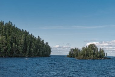 Mavi göl güneşli günde yeşil ada