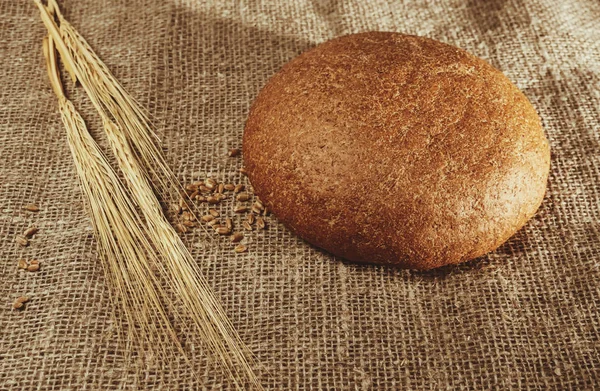 Baked bread, wheat grains and wheat ears on a fabric background — Stock Photo, Image