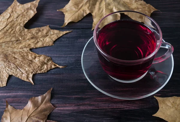 Autumn Composition Leaves Cup Tea Black Background — Stock Photo, Image