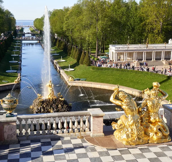 ПЕТЕРХОФ, Россия - Май 2019 года: Большой каскад Петергофского дворца и Нижнего парка — стоковое фото