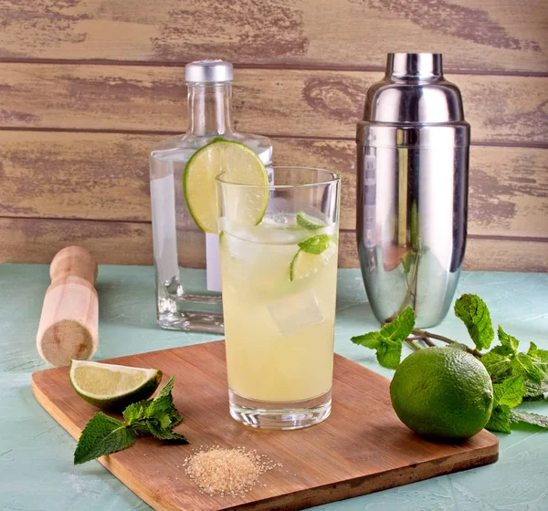 Shaker, citron, limetka, mátové lístky a led na letní koktejl — Stock fotografie