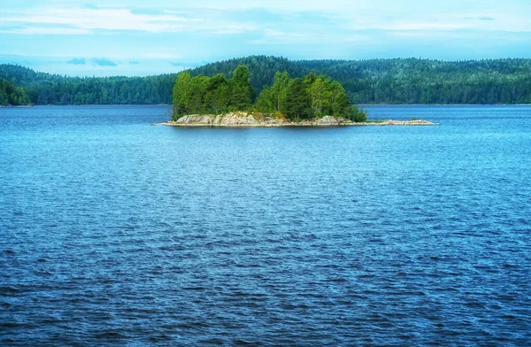Eine Insel Mit Felsigem Ufer Und Wachsenden Bäumen Blauer Himmel — Stockfoto