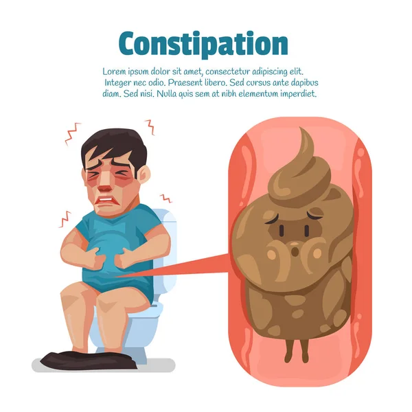 Constipation symptom in a man and poop in intestine. — Stock Vector