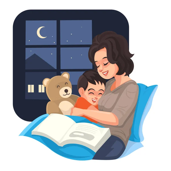 Mère raconte l'histoire avec son fils la nuit, illustration vectorielle . — Image vectorielle