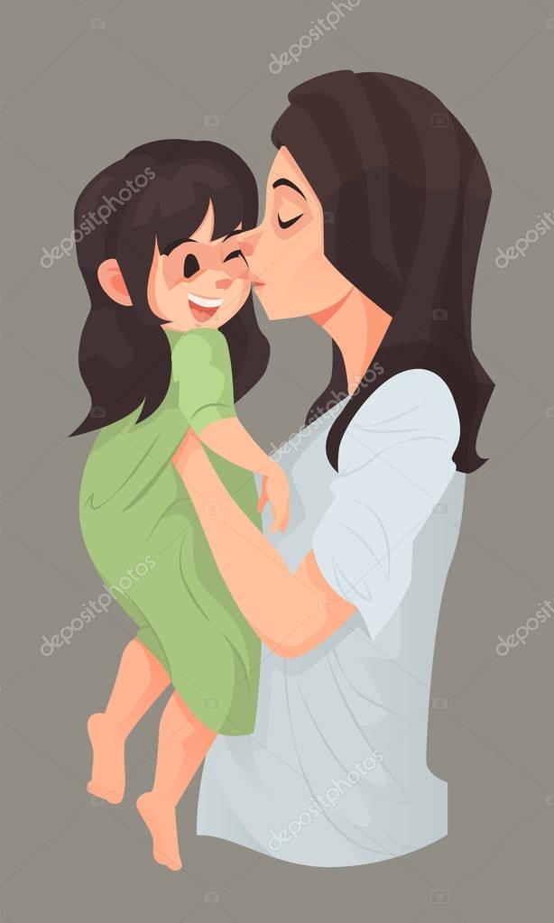 Mother hug and kiss her daughter with love, Family relationship, Vector illustration.