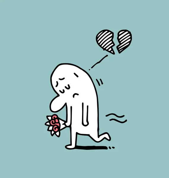 Adam üzgün ve kırık kalp, basit bir adam, Doodle vektör çizim