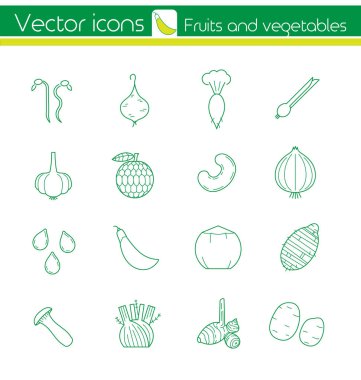 Beyaz meyve ve sebze, çizgi vektör simgeler, işaret ve sembolü.