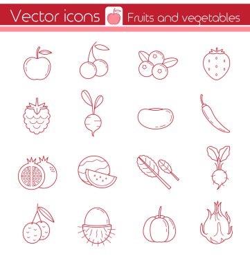 Kırmızı meyve ve sebze, çizgi vektör simgeler, işaret ve sembolü.