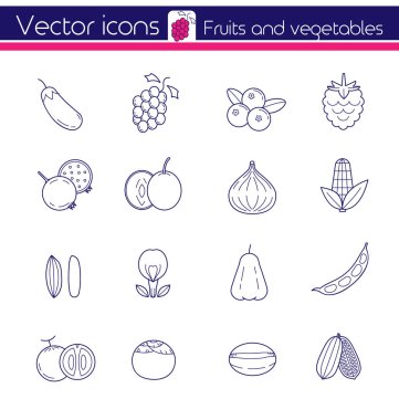 Mor Meyve ve sebzeler, çizgi vektör simgeler.