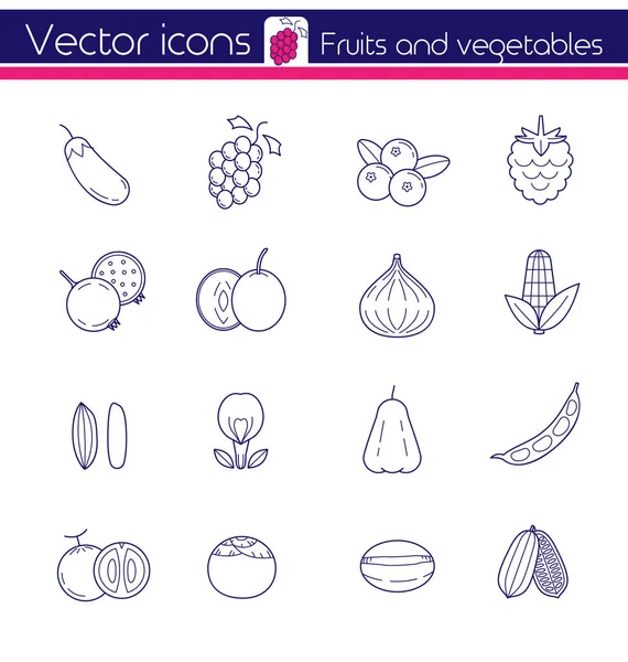 Mor Meyve ve sebzeler, çizgi vektör simgeler.