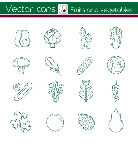 Frutas y verduras verdes, Iconos vectoriales de línea, Signo y símbolo . — Vector de stock