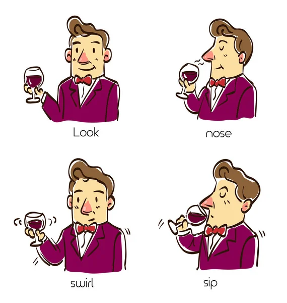 Человек пробует вино в четыре шага метод . — стоковый вектор