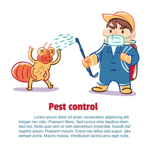 Un hombre mata a un insecto por medio de químicos, Control de plagas, Vector illustrat — Vector de stock