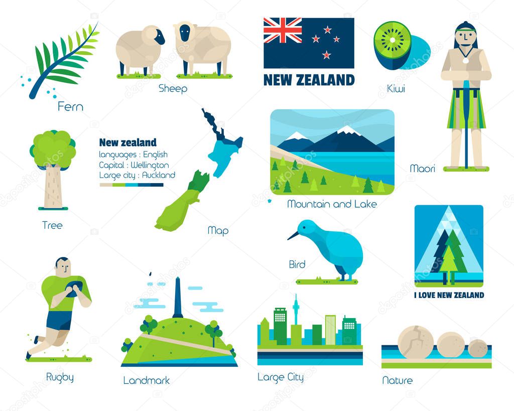 New Zealand, Signs and symbols, Vector infographic elements.