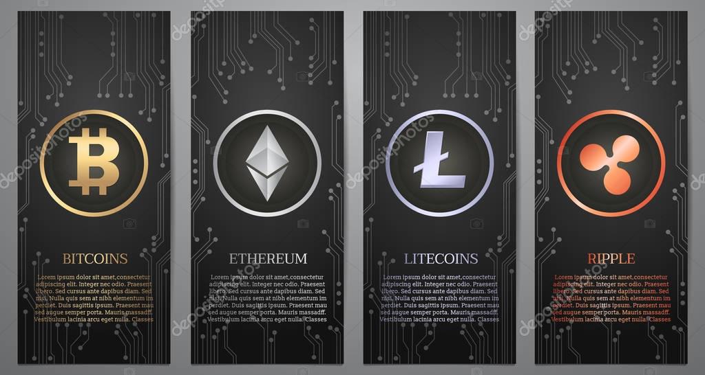 Cryptocurrency, Black banner, Vector illustration.