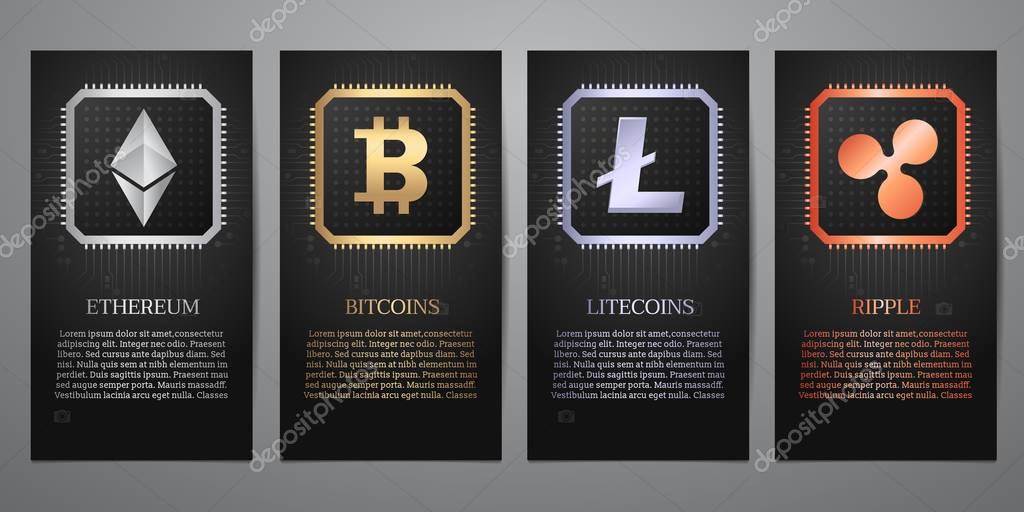 Cryptocurrency, Logo on electric circuit, Black banner, Vector illustration.